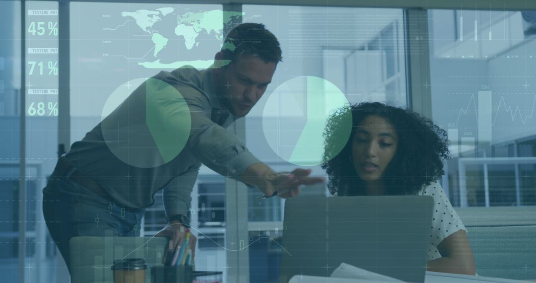 Diverse Colleagues Analyzing Data on Laptop with Graph Overlays