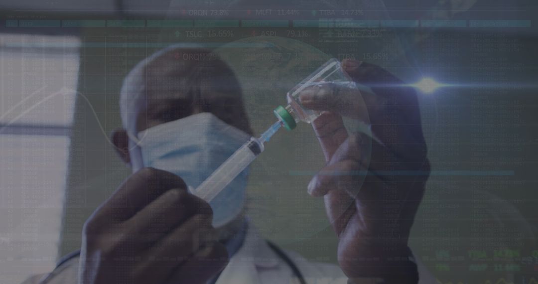 African American Doctor with Vaccine and Data Overlay Analysis
