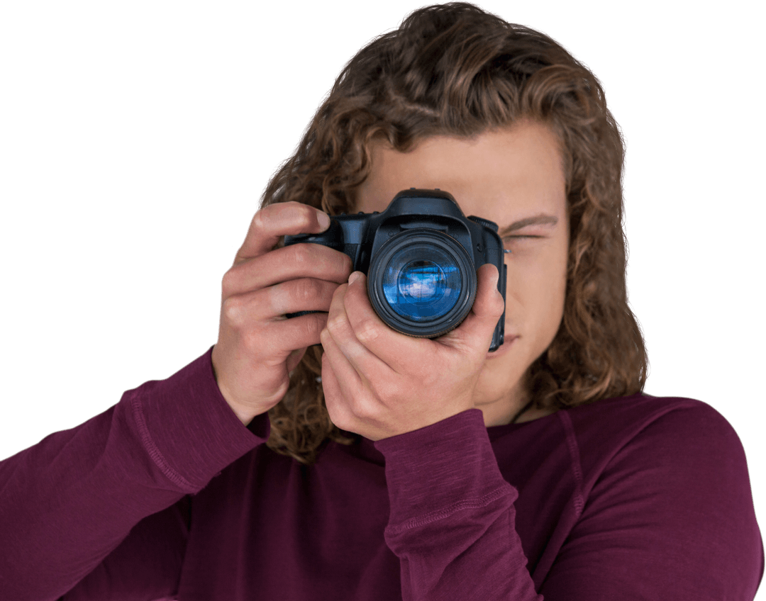 Photographer with Long Hair Capturing Image with Camera on Transparent Background