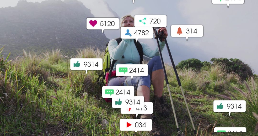 Hiker Engaging with Social Media Notifications in Mountain Landscape