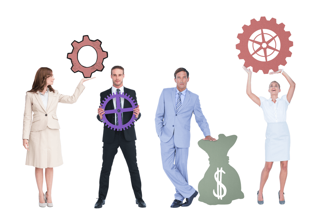 Transparent Background Businesspeople Holding Gears and Money Symbols