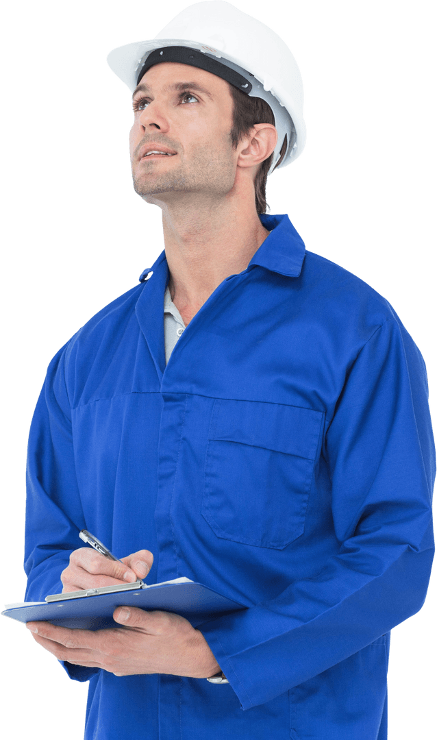 Engineer in Blue Jumpsuit Documenting on Clipboard Transparent Background