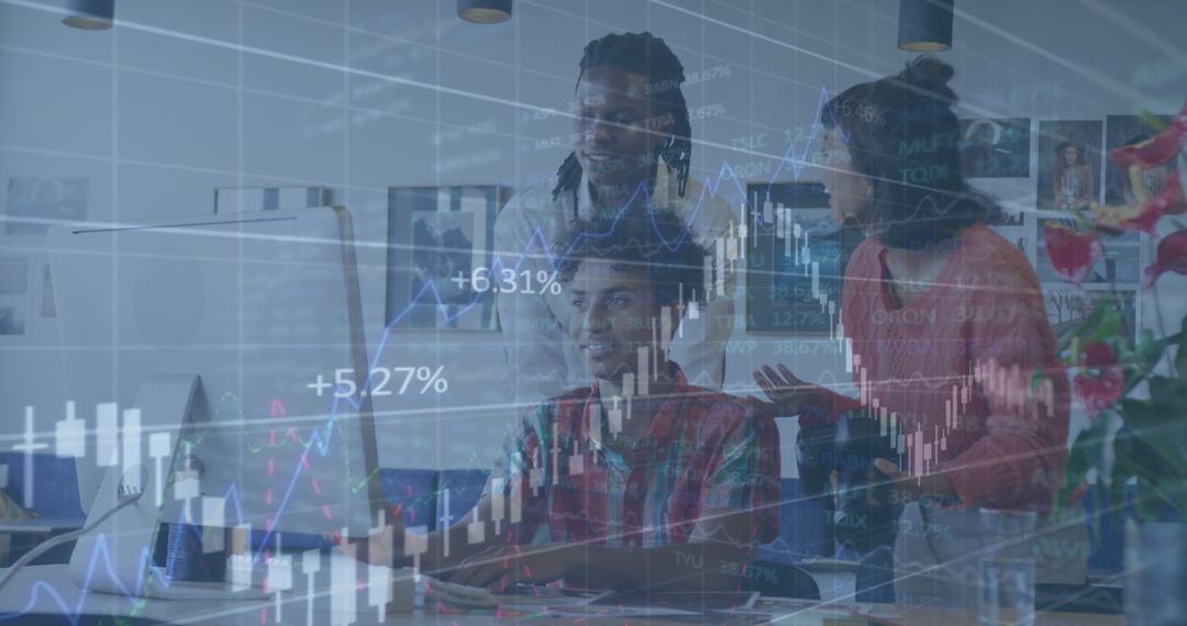 Diverse Team Analyzing Data in Modern Office with Digital Overlay