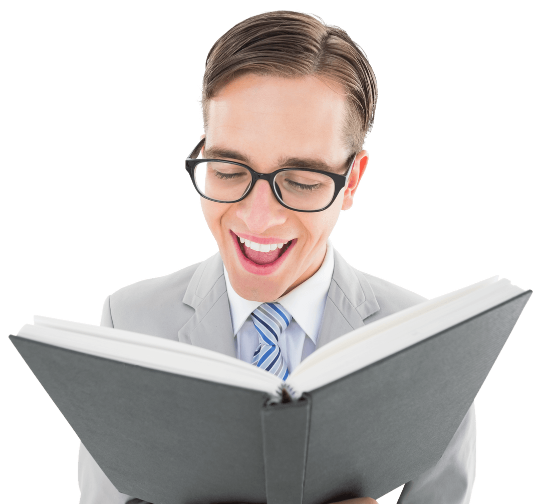 Joyful Transparent Man Reading From Black Book Transparent Background