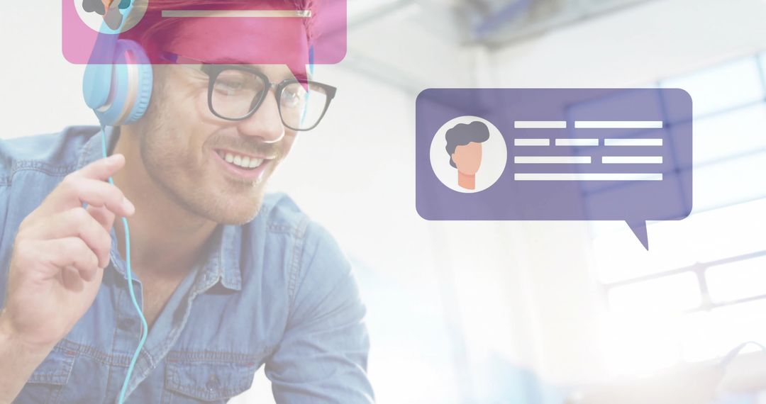 Smiling Man with Headphones Engaging in Virtual Communication