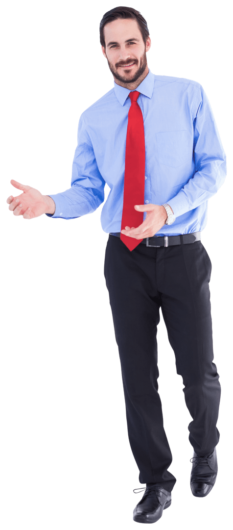 Transparent Businessman in Formal Attire Presenting Gesture