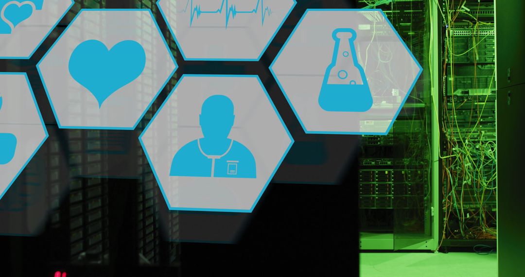 Medical Icons Overlaying High-Tech Server Room Environment