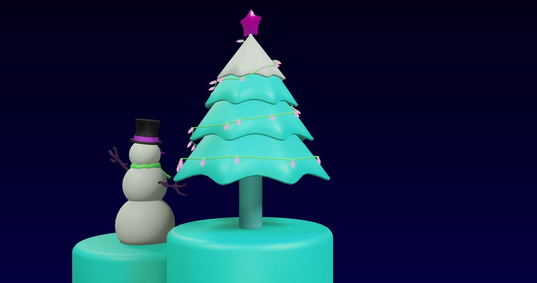 Festive Holiday Scene with Cartoon Christmas Tree and Snowman