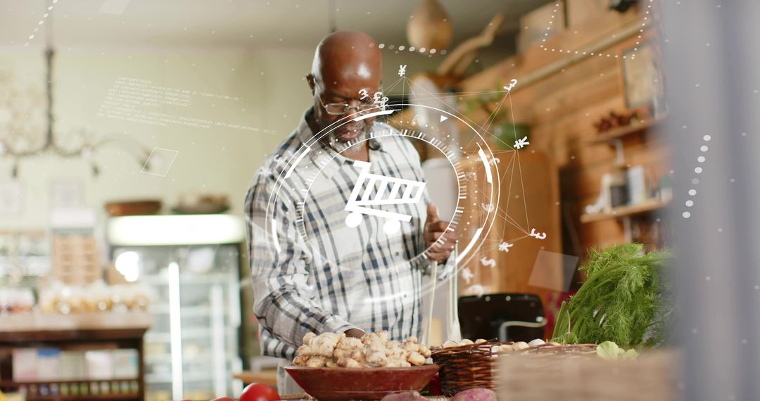 Senior man using smartphone for augmented reality shopping while selecting mushrooms