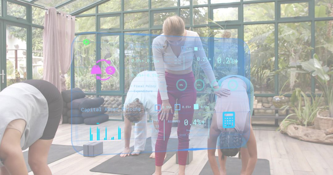 Leading instructor guiding yoga class in sunroom with plants and futuristic HUD overlay