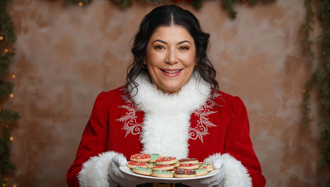 Festive Woman in Red Velvet Coat with Sugar Cookies