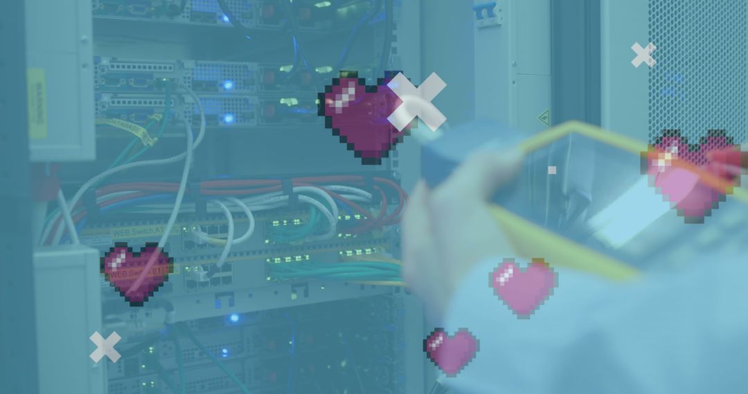Digital Heart Icons Overlaying Busy Server Room