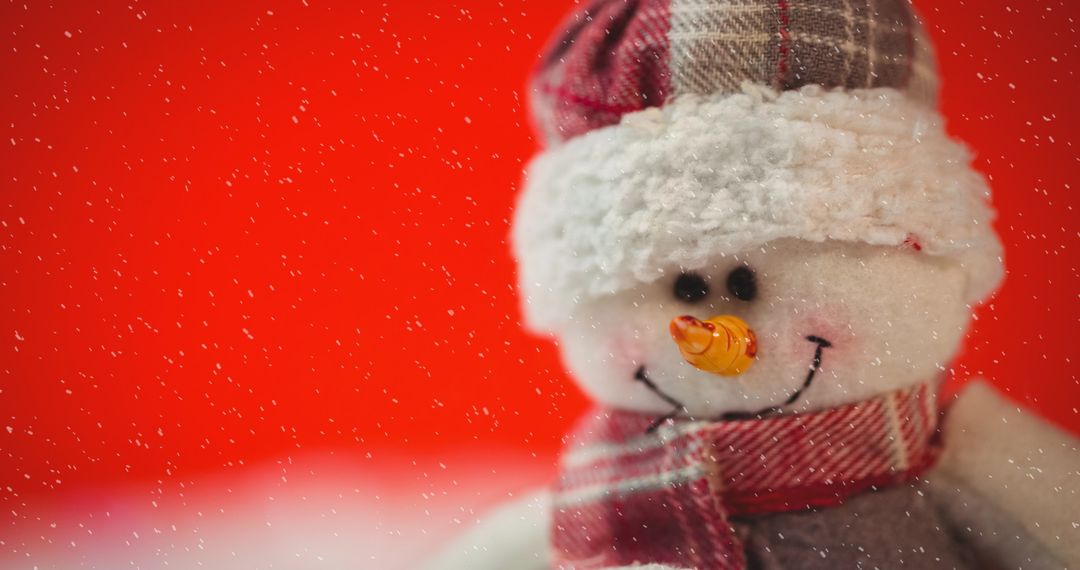 Smiling Christmas Snowman with Falling Snow on Red Background