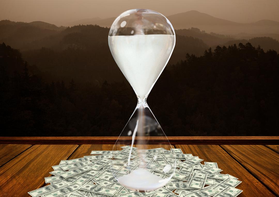 Money Flowing Through Hourglass with Mountain Landscape Background - Free Images, Stock Photos and Pictures on Pikwizard.com