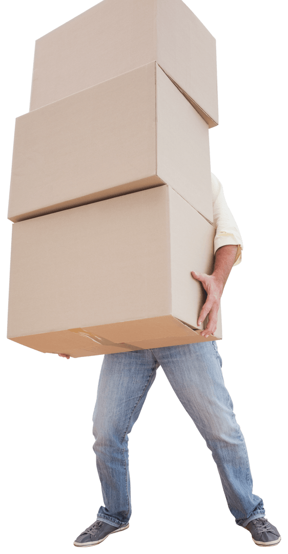 Transparent Background of Person Carrying Stack of Boxes for Moving and Delivery