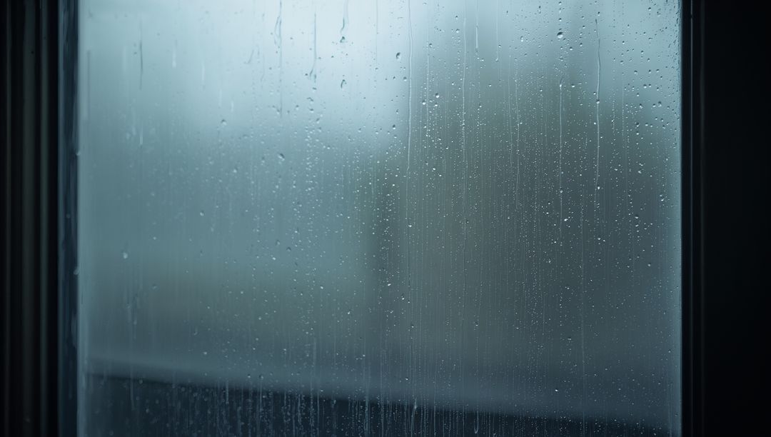 Rain-Streaked Window Distorting Blurred Urban View with Condensation and Moody Light