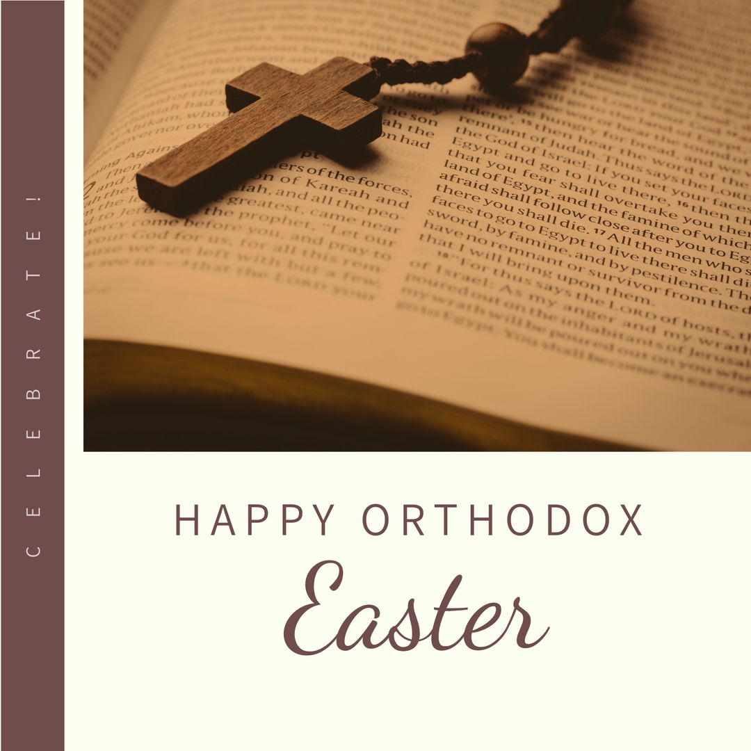 Orthodox Easter Greeting with Rosary and Bible Background