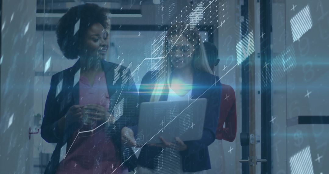 Business Professionals Walking Through Digital Workspace with Holographic Data