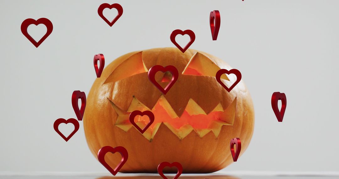 Glowing Jack-o-Lantern with Floating Red Heart Markers for Playful Halloween Romance