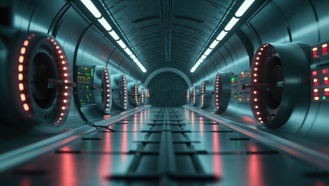 Futuristic Metallic Corridor with Orange LED Lighting in Spacecraft