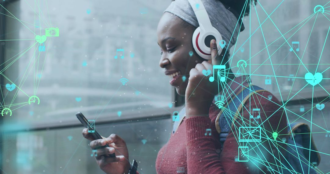 Smiling Woman Enjoying Music with Digital Connectivity