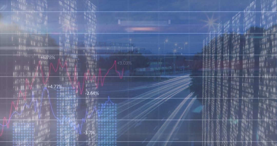 Urban Road and Skyscrapers with Financial Graphs Overlay