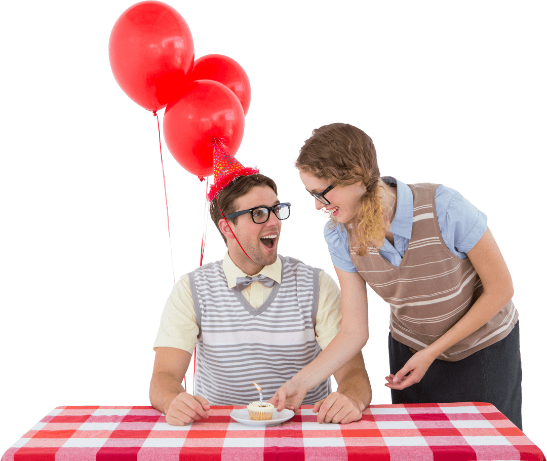 Nerdy Couple Enjoying Birthday Celebration with Transparent Background