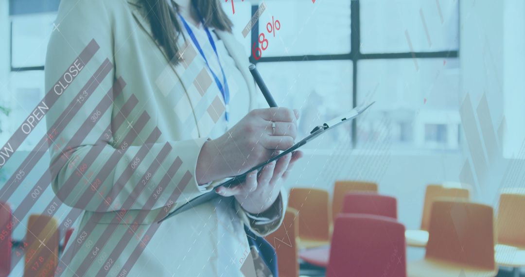 Businesswoman Analyzing Data Charts in Modern Corporation Training Room