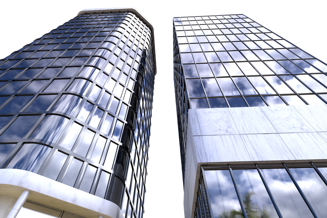 Low Angle View Of Transparent Modern Office Buildings With Reflective Glass - Download Free Stock Images Pikwizard.com