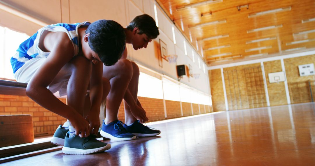 Teen Boys Tying Athletic Shoes in Empty Gymnasium - Free Images, Stock Photos and Pictures on Pikwizard.com