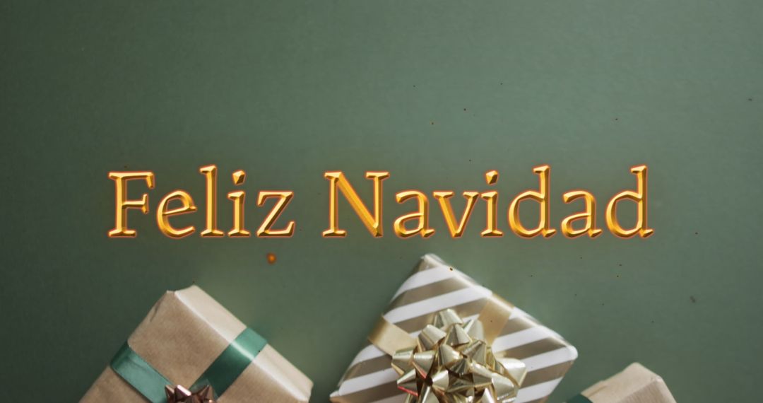 Feliz Navidad Text with Christmas Gifts on Green Backdrop