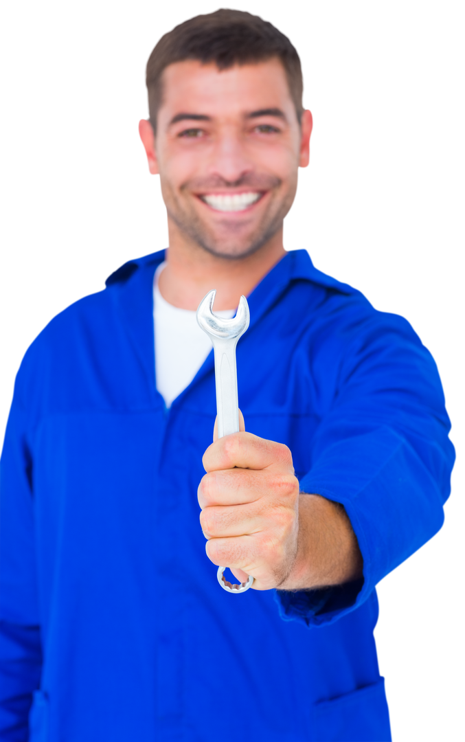 Smiling Mechanic Holding Spanner on Transparent Background - Download Free Stock Images Pikwizard.com