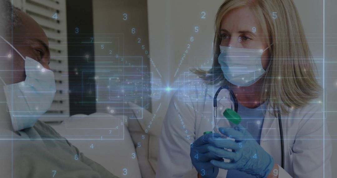 Doctor Holds Vial, Discussing Treatment With Patient Amidst Digital Data Visualization