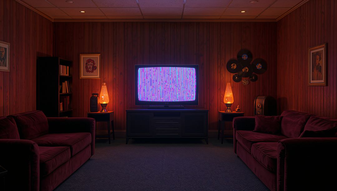 Retro Basement Room with Flickering TV and Lava Lamps