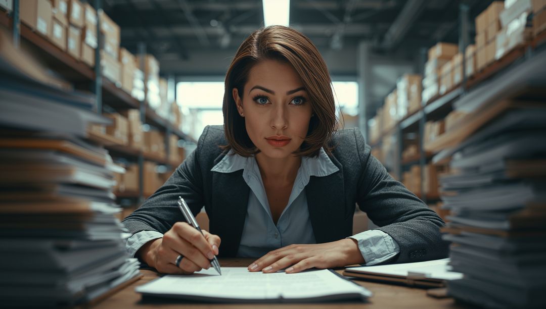 Professional Manager Reviewing Documents in Warehouse Archive