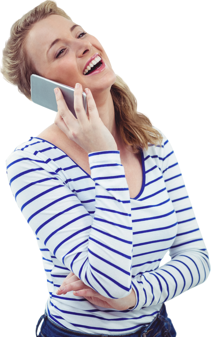 Woman Laughing While Talking on Smartphone, White and Blue Striped Shirt, Transparent Background - Download Free Stock Images Pikwizard.com