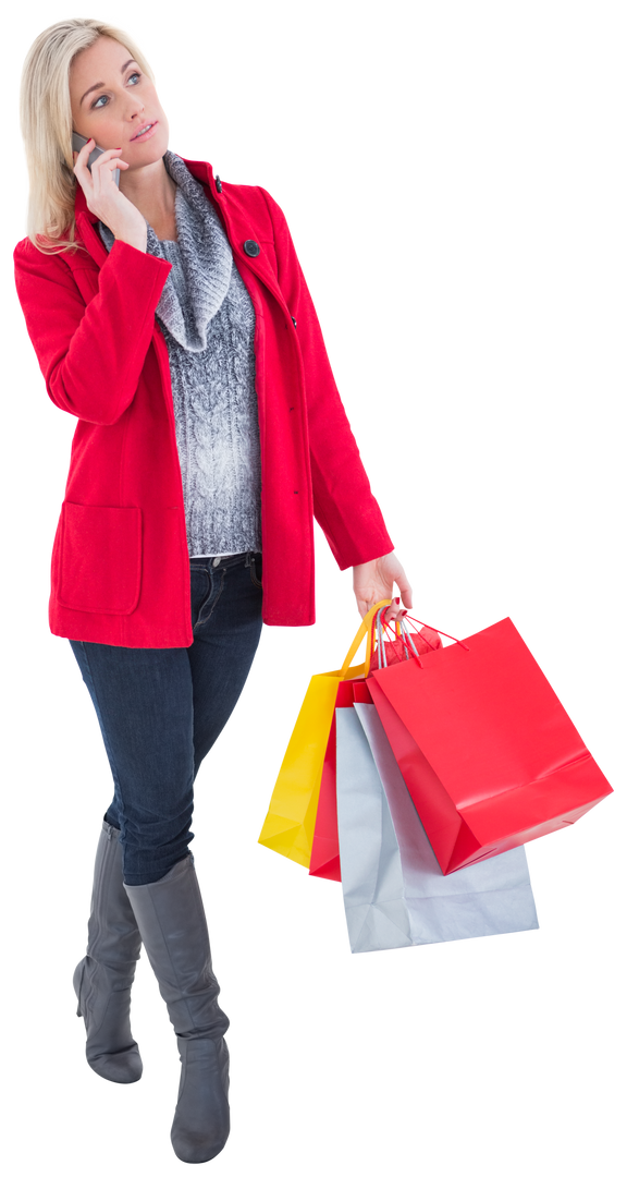 Happy blonde in winter clothes holding shopping bags, talking on phone, transparent background - Download Free Stock Images Pikwizard.com