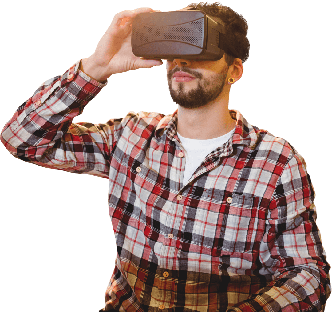 Caucasian Man Exploring Virtual Reality with VR Glasses Transparent Background