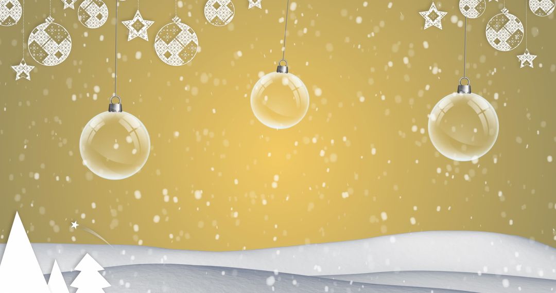 Christmas Ornaments and Snowfall on Warm Yellow Background