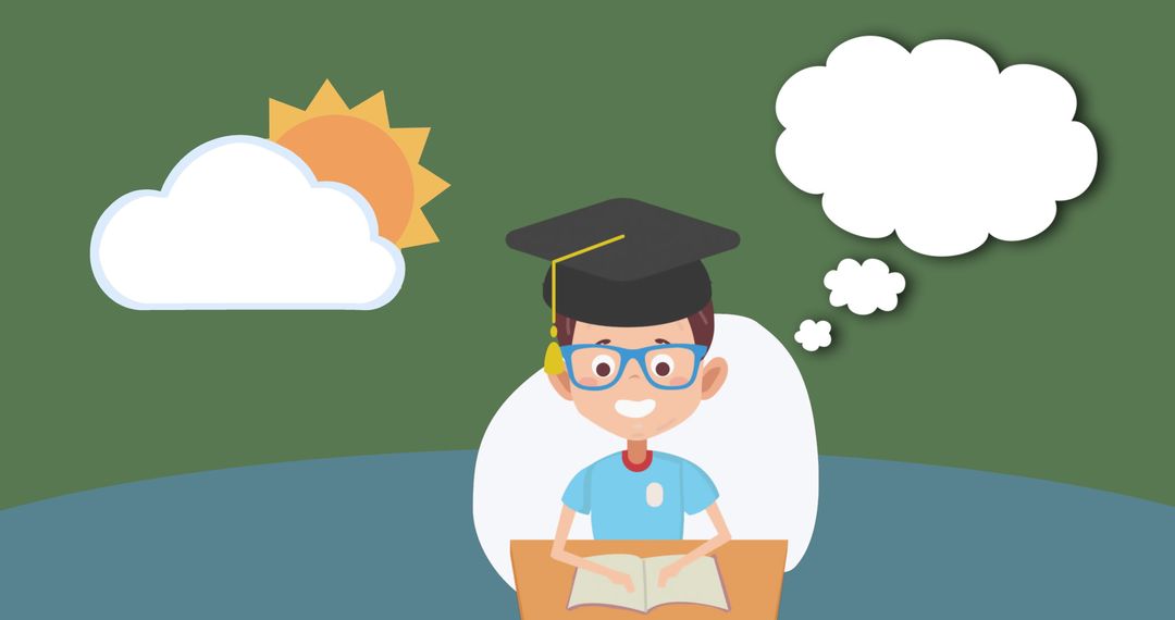Animated Boy Studying Under Cloud and Sun Icon with Thought Bubble