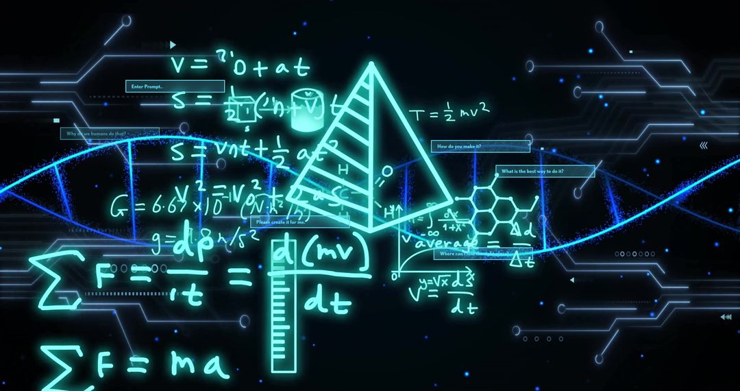 DNA Strand Overlayed with Mathematical Equations and Figures
