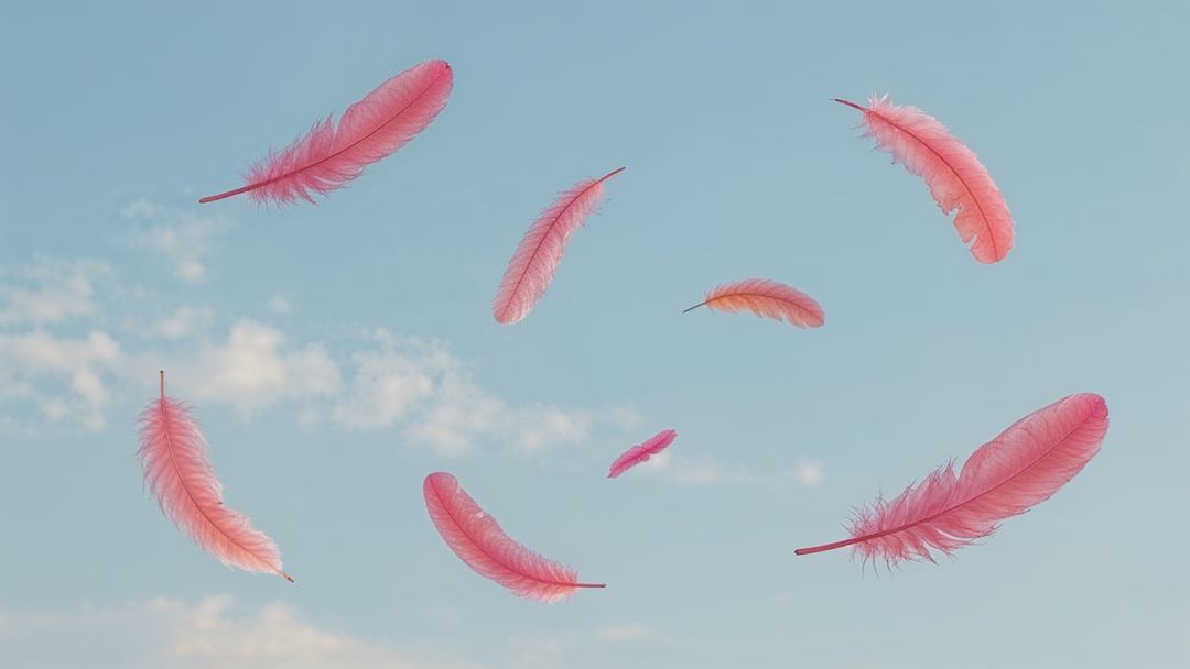 Floating Pink Feathers in Tranquil Sky