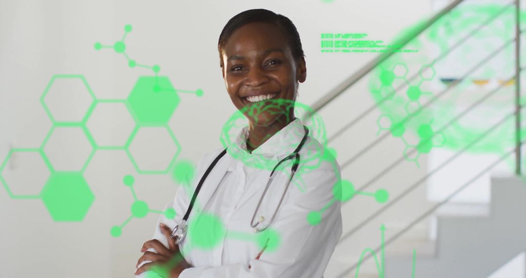 Innovative Healthcare Future with Smiling Female Doctor and Digital Interface