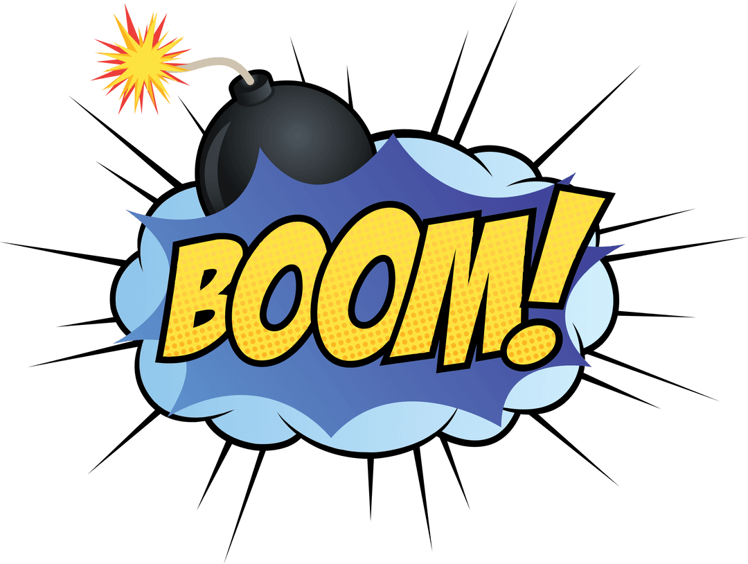 Comic Style BOOM Text with Bomb Icon on Transparent