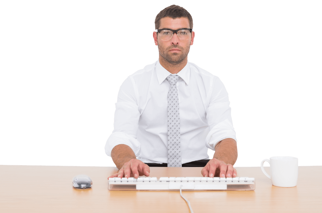 Transparent Businessman Focused at Desk with Typical Work Elements