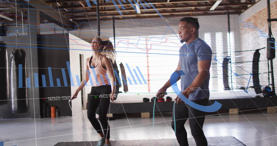 Fitness Enthusiasts Jump Roping with Data Analytics Overlay in Gym