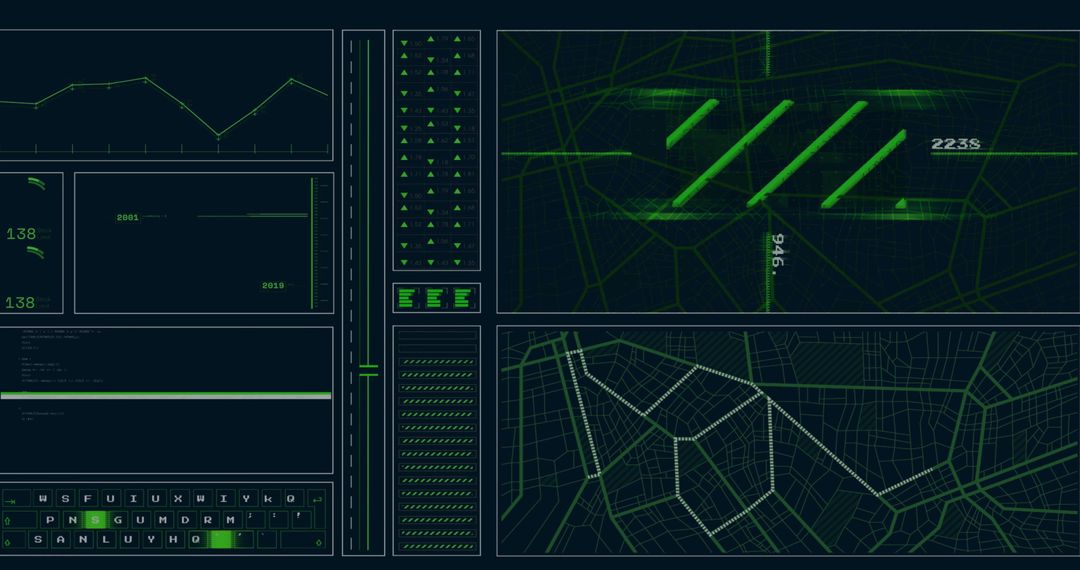 Digital Interface Display with Green Holographic Map and Charts