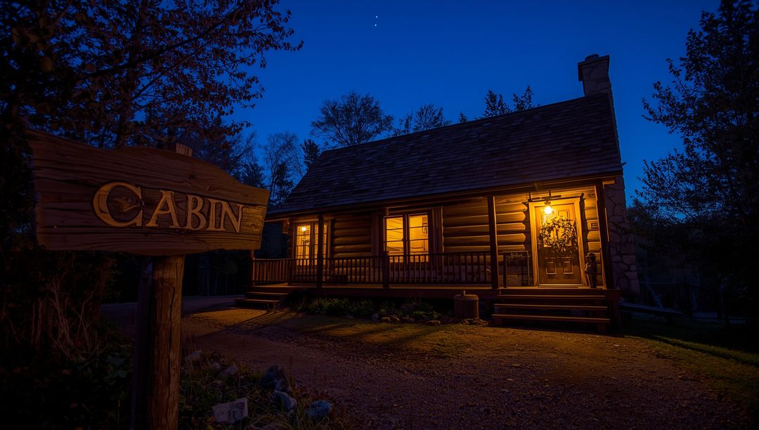 Glowing Log Cabin Under Starry Sky with Rustic Lantern Light