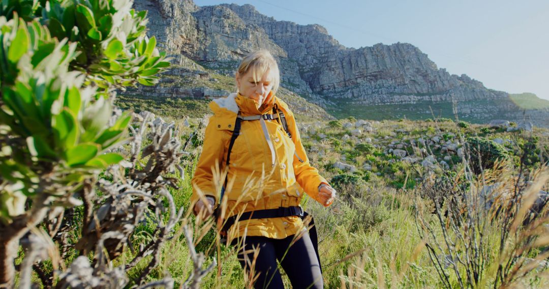 Woman Hiking in Mountain Scenery with Yellow Jacket - Free Images, Stock Photos and Pictures on Pikwizard.com