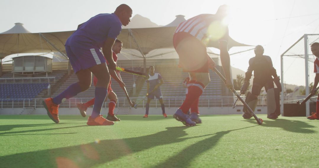 Diverse Field Hockey Team Playing Intense Game Under Sunlight - Free Images, Stock Photos and Pictures on Pikwizard.com